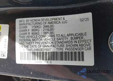 2025 Honda Civic Sport z USA, uszkodzony, nr VIN 19XFL2H86SE019007